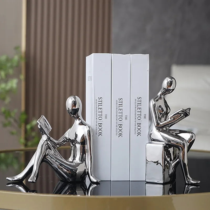 Modern Ceramic Reading Couple Bookends – Gold or Silver Abstract Sculptures (Set of 2)
