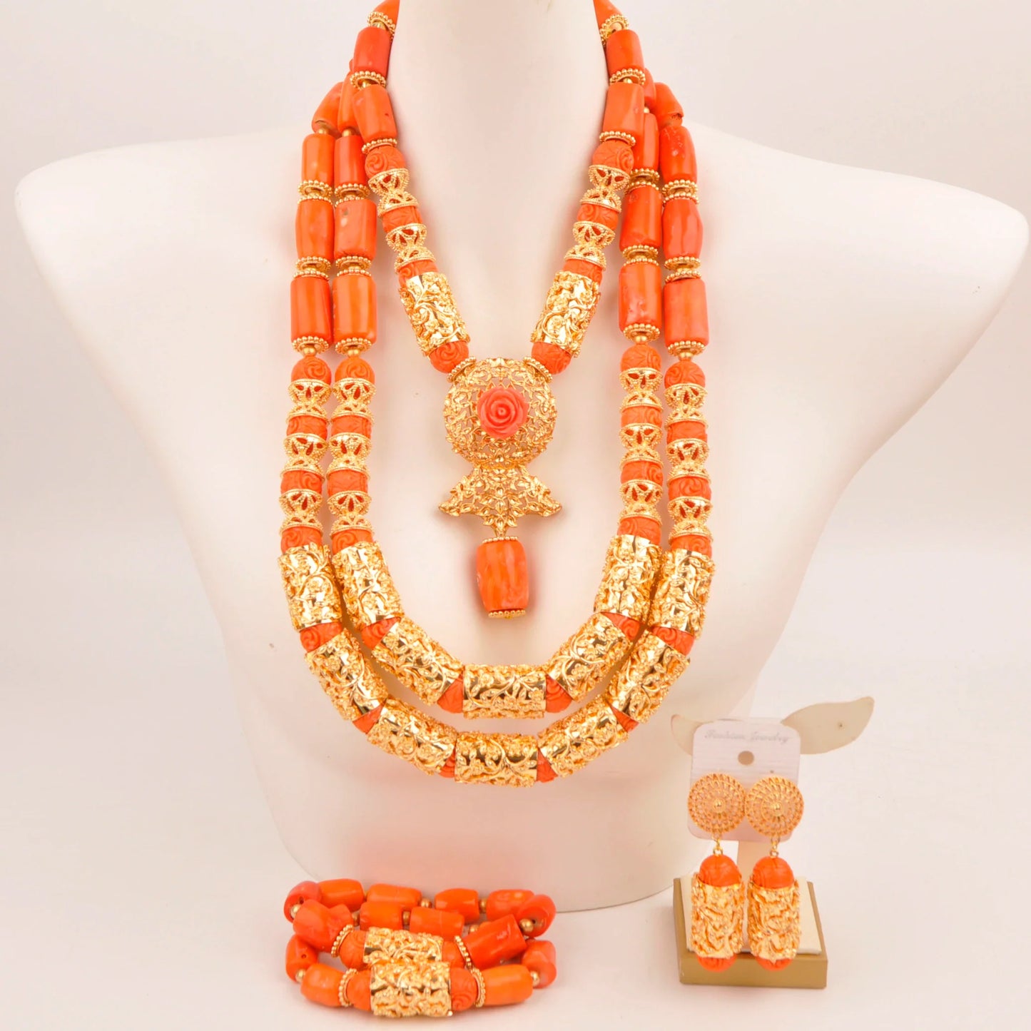Natural coral beads orange necklace set for stylish Nigerian wedding couple African jewelry