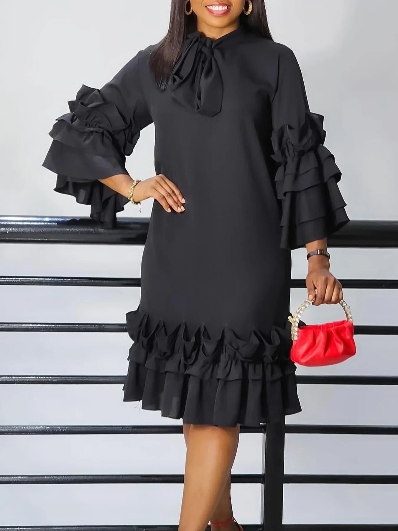 Church Dressese for Woman 2024 Plus Size Elegant Purple Dress Flanged Flared Sleeve Shirt Pleated Ruffles Bow Collar