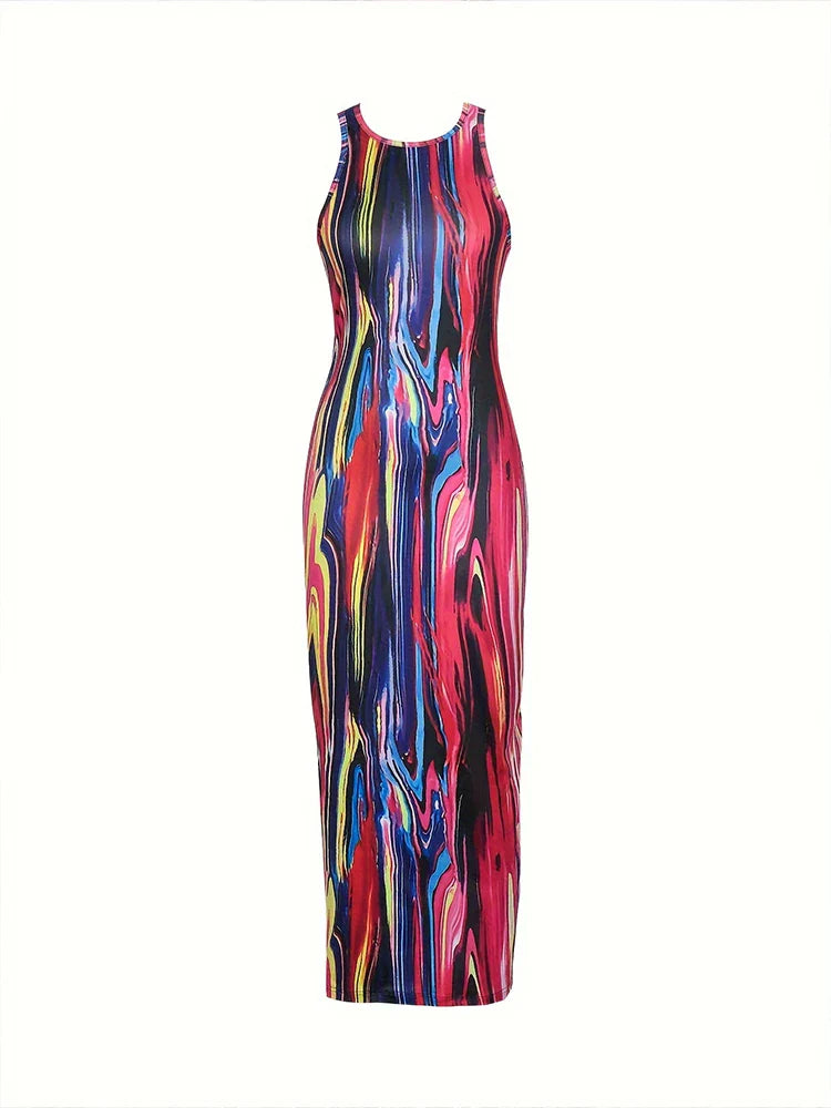 2024 Summer New Women's Round Neck Irregular Colourful Pattern Long Dress Colourful Maxi Dress