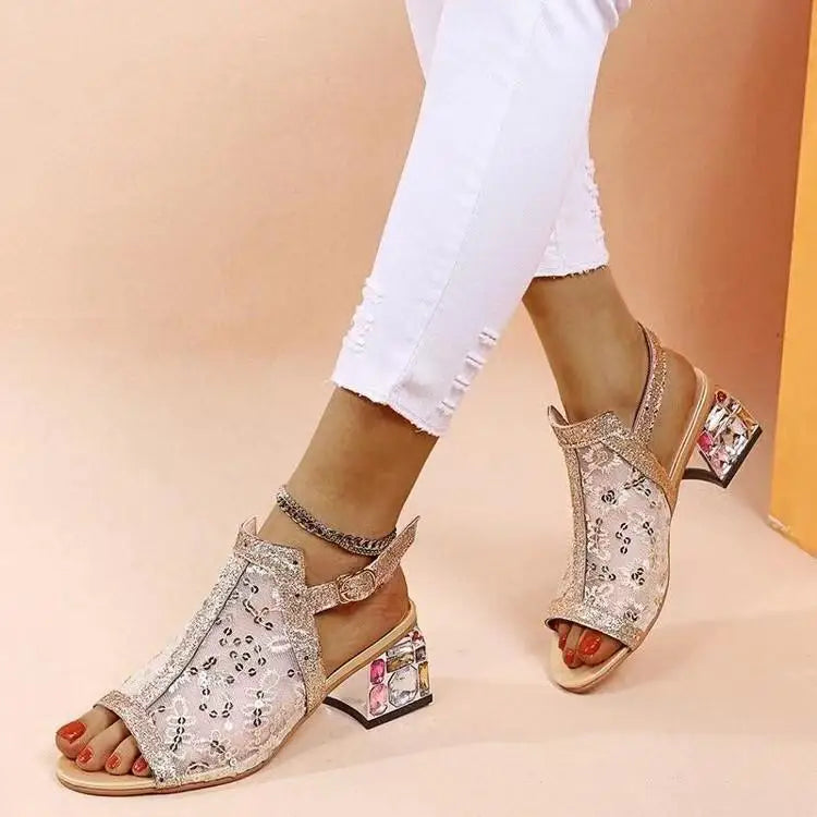 2023 New Women Summer Fashion Mid Heels Peep Toe Shoes for Women Glitter Sandals Ladies Buckle Strap Bling  Rhinestone Sandals