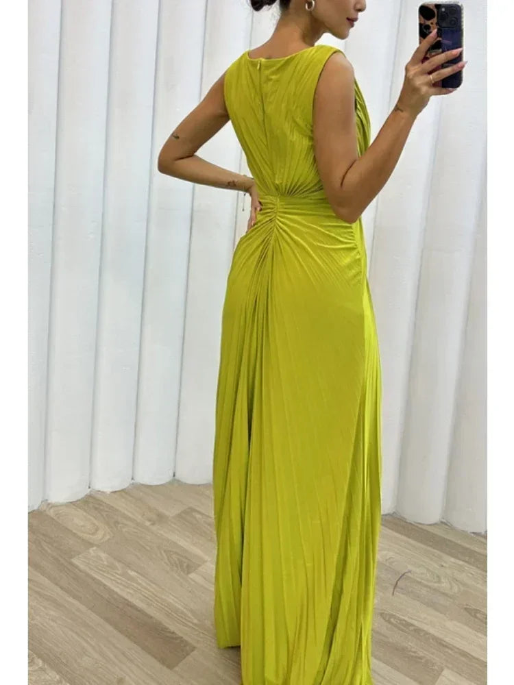 Women Sexy Dress New Sleeveless Solid Party Slim Empire Split Female Elegant Round Neck Fashion Long Clothing