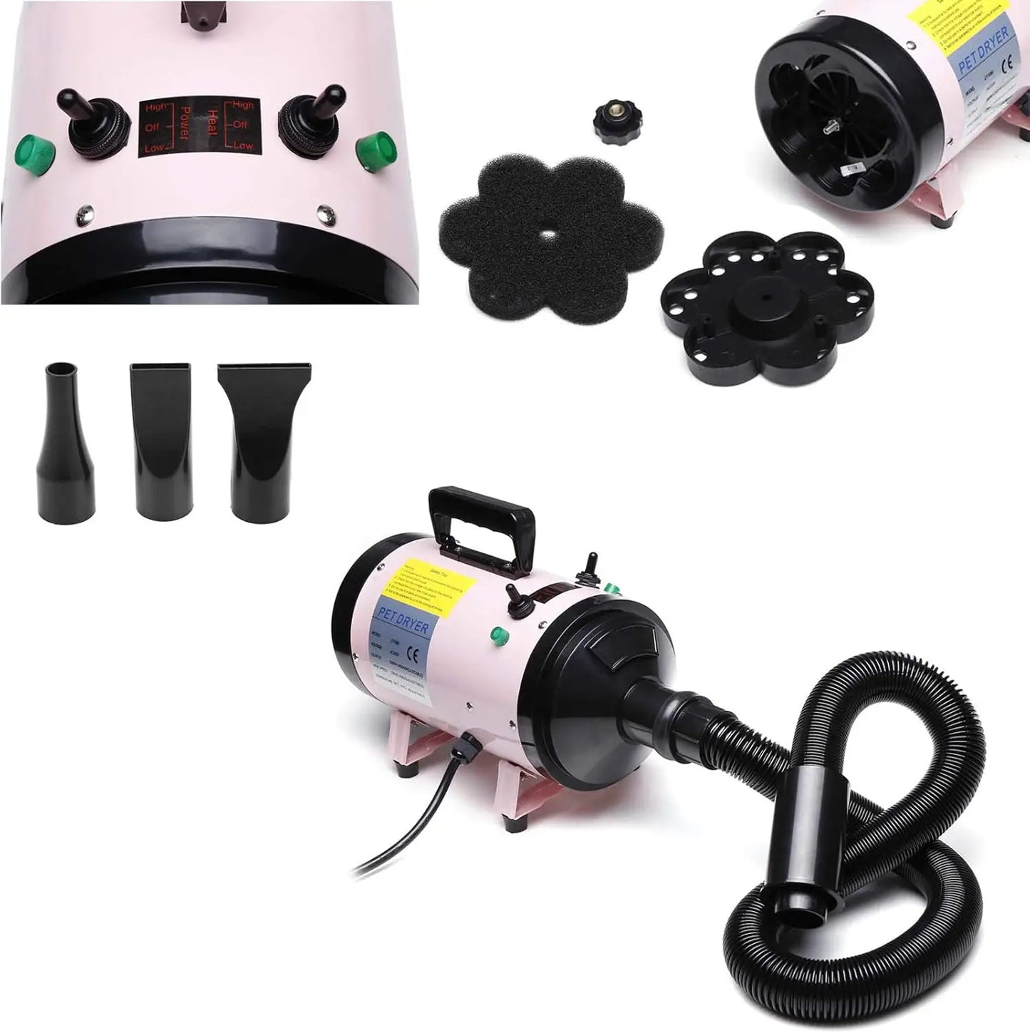 VickyHome Dog Hair Dryer 2800W Low Noise&3 Nozzles&Extendable Hose Blaster Grooming Dryers Adjustable Temperature for Pets Cats