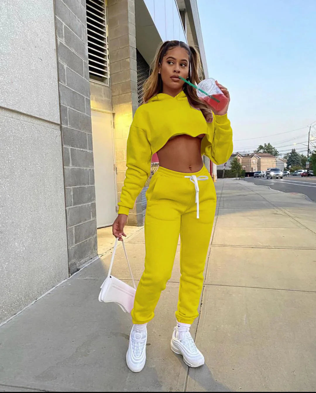 Women's Fitness Running Sets Fleece Long Sleeve Cropped Hoodies+Jogger Tracksuit