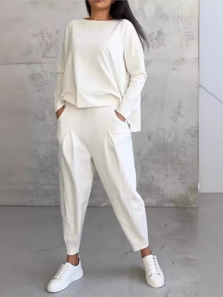 Spring Autumn Solid Women's Sports Set New Fashion Long Sleeve Irregular Loose Top Harem Pants Two Piece Set For Women Outfits