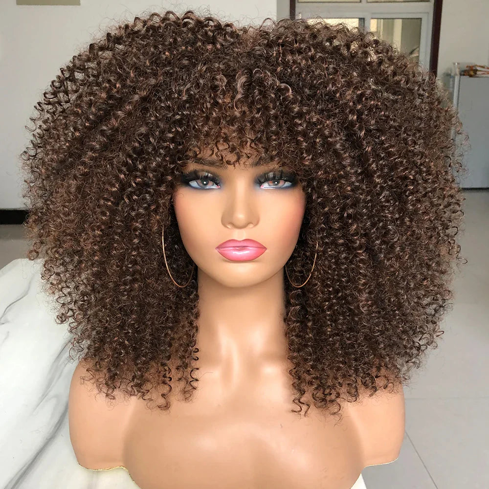 Curly Afro Wigs for Black Women Short Curly Wig with Bangs Kinky Curls Curly Hair Synthetic Wigs for African American Women