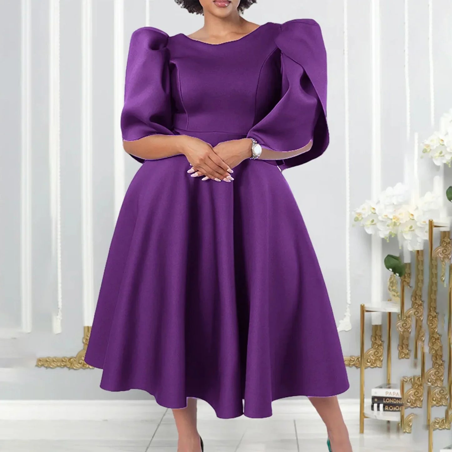 Elegant Dress Woman 2024 Wedding Party Round Neck Half Sleeve High Waisted Pleated Mid Calf Luxury Birthday Dinner Vestidos Robe