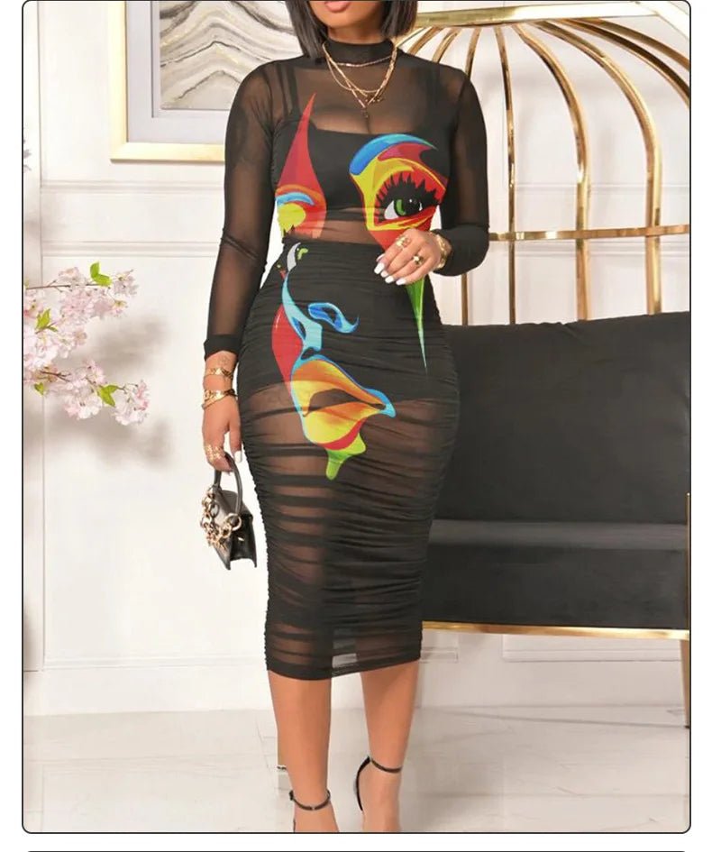 Fashion Flowers Printed Women's Sexy Mesh Gauze Mid Length Dress Three Piece Summer New Female Party Nightclub Mini Dresses 2023