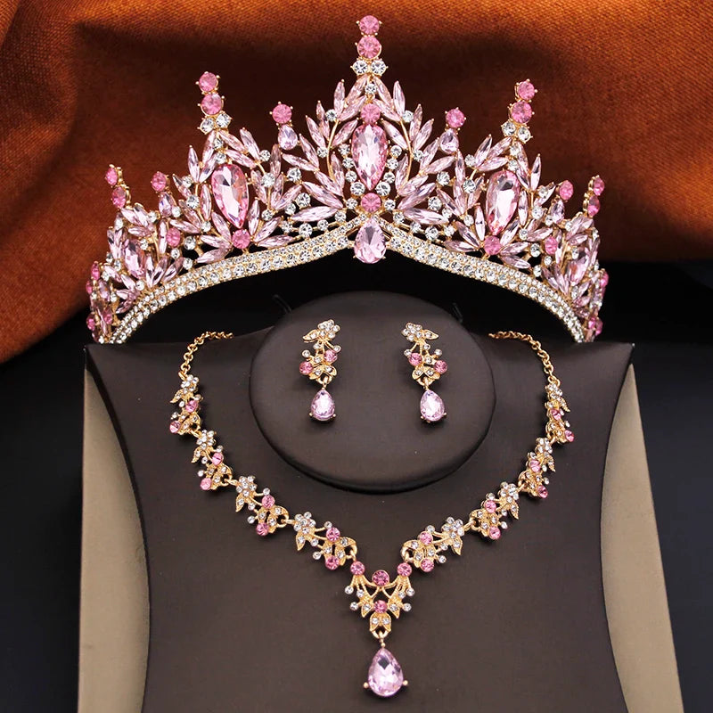 3 Pcs Princess Wedding Crown Jewelry Sets and Tiaras Green Pink Bride Necklace Earrings Set Girls Prom Birthday Accessory