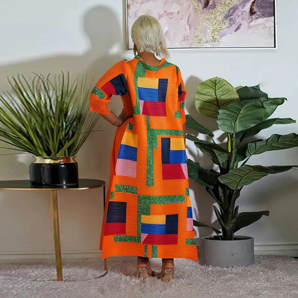 2023 Fashion African 3/4 Sleeve Polyester Plus Size O-Neck Pleated Long Dress Dashiki African Clothes African Dresses for Women