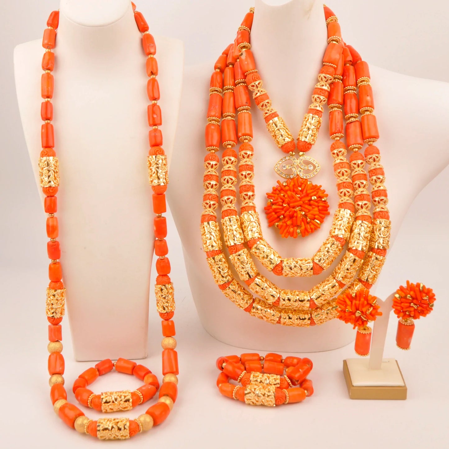 Natural coral beads orange necklace set for stylish Nigerian wedding couple African jewelry