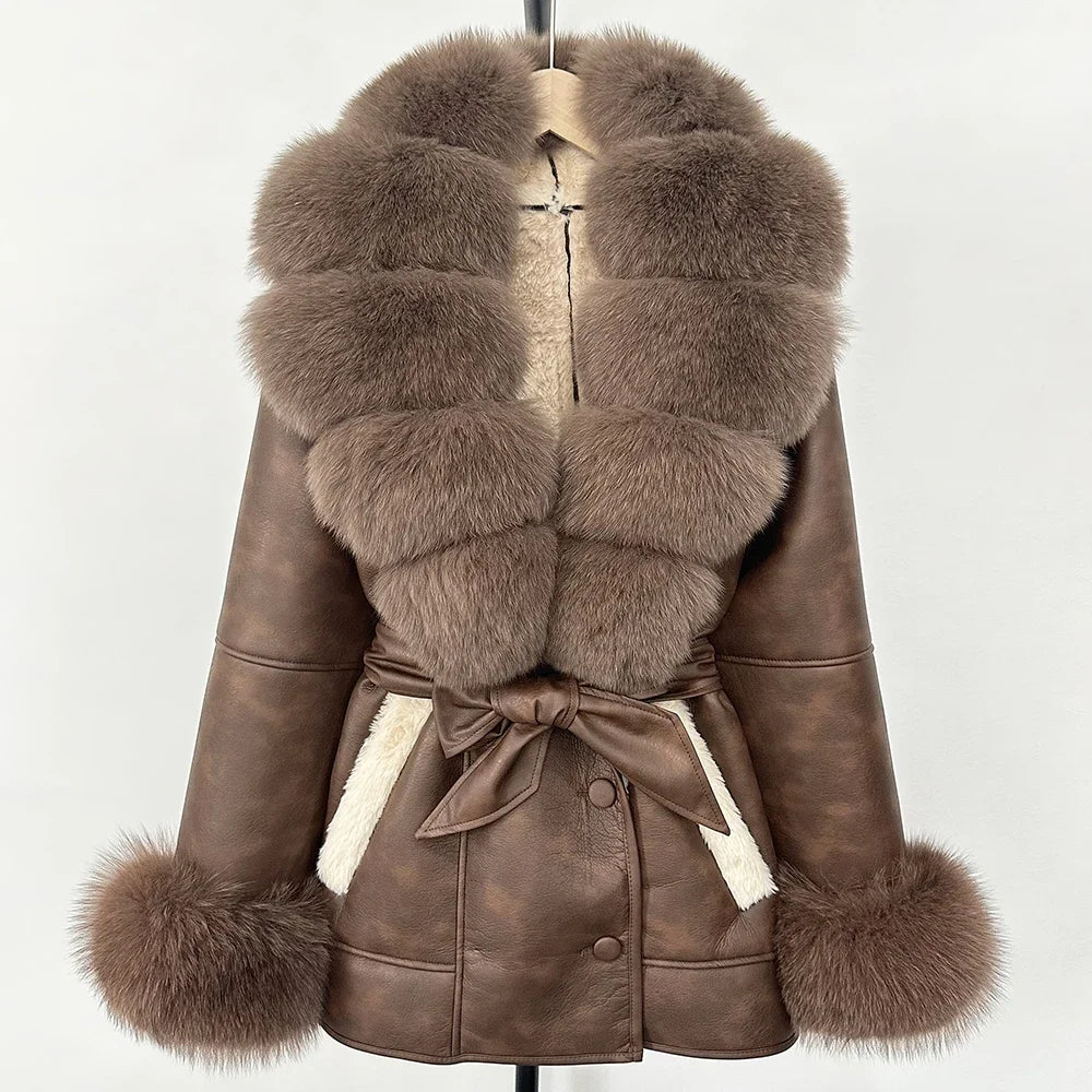 Women's Large Faux Fur Leather Jacket Warm Autumn Winter Outwear High Street Style Thick Warm Fur Turn-Down Collar Single Breasted