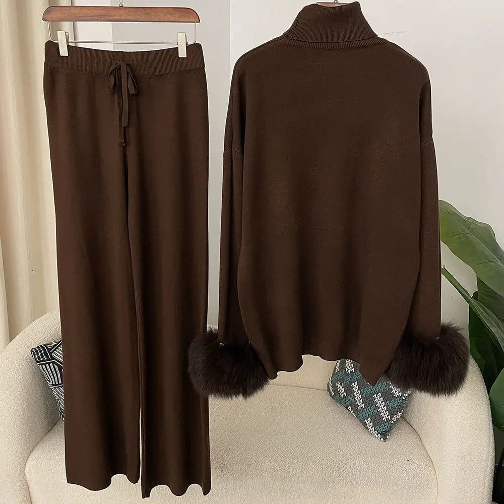 Fashion Autumn Winter Natural Real Fox Fur Cuffs Coat Knitted Sweater Women Long Pants Set Jacket Thick Warm