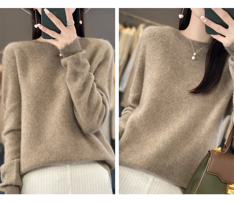 100% Merino Wool Women’s Sweater – Soft Cashmere-Feel O-Neck Pullover, Autumn/Winter Warm Knit Top (14 Colours)