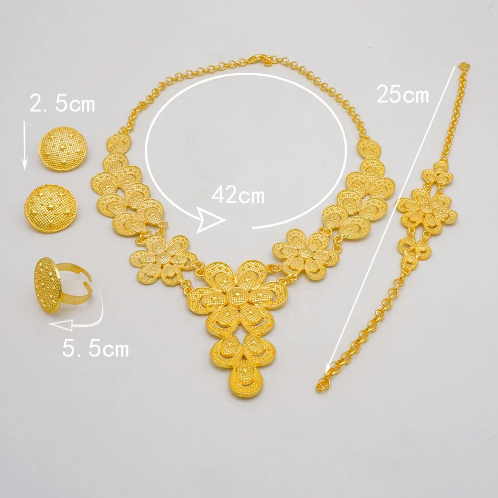 Indian Dubai Gold Color Jewelry Sets For Women Earring & Necklace Nigeria Moroccan Bridal Wedding Party Gifts