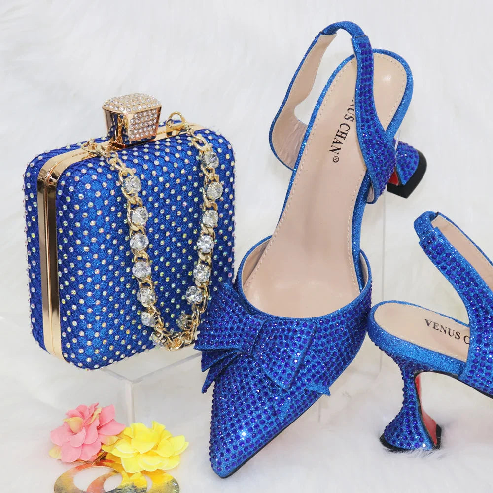 Women's Elegant Embellished Shoes and Bag Set Pointed Toe Pumps for Wedding Party