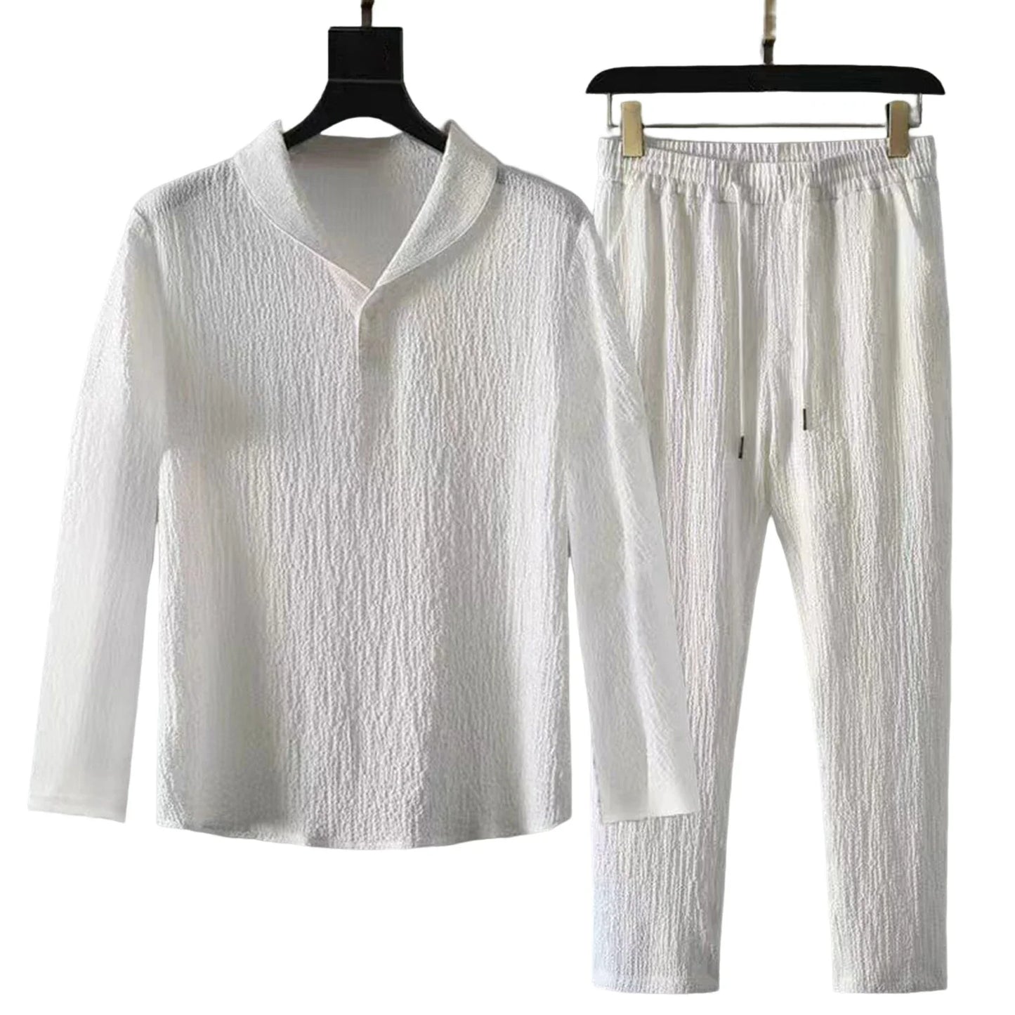 2Pcs/Set Summer Men's Suit Elastic Waistband Pleated Casual Outfit Men Business Short Sleeve Shirts Long Pants Set Male Clothing