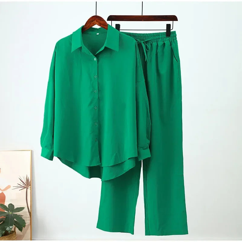 Holiday Wide Leg Pants Set Two Piece Set Women Vintage Boho Maxi Shirt Autumn Casual Loose Work Streetwear Y2k 2025 Outfits