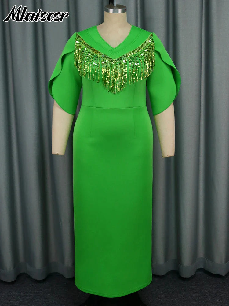 Mlaiscsr Women Green Sequin Tassel Butterfly Sleeve Dress Fashion Slim Party African Birthday Prom Gowns Cocktail Club Vestidos