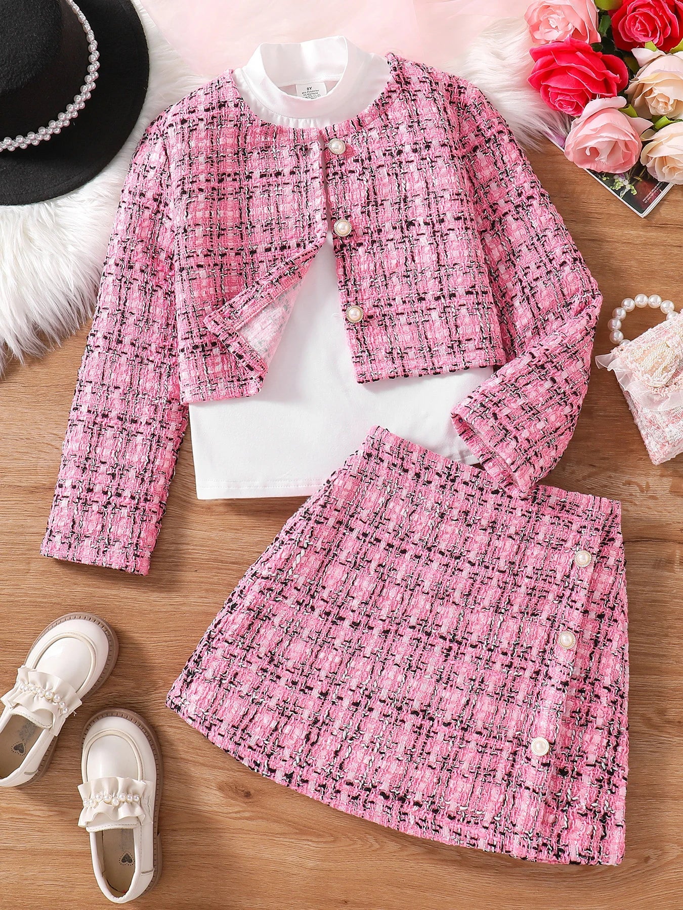 Children's Clothing Girls' Fashion Fragrance Set -3-Piece Set of Pink Checkered Coat, Pink Checkered Skirt, and Solid Color Shir