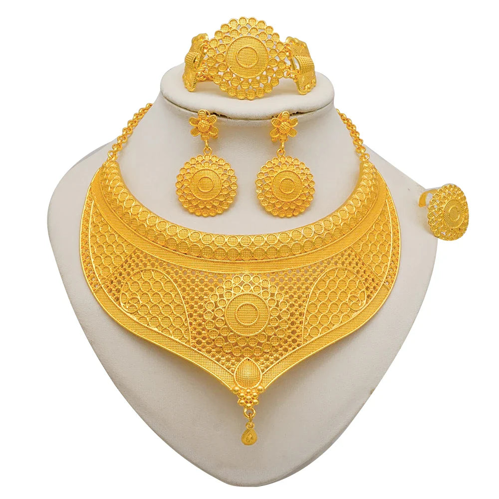 Indian Dubai Gold Color Jewelry Sets For Women Earring & Necklace Nigeria Moroccan Bridal Wedding Party Gifts