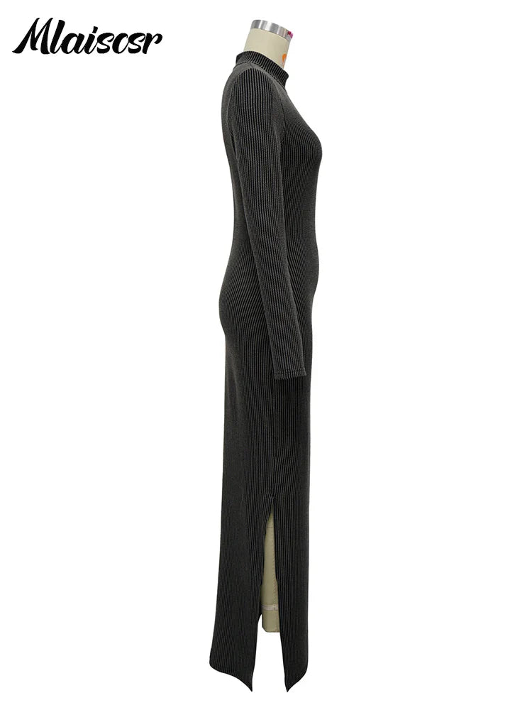 Mlaiscsr Knit Ribbed Elegant Evening Dresses Women Long Sleeve Side Split Slim Bodycon Sexy Birthday Party Prom Fall Winter Robe