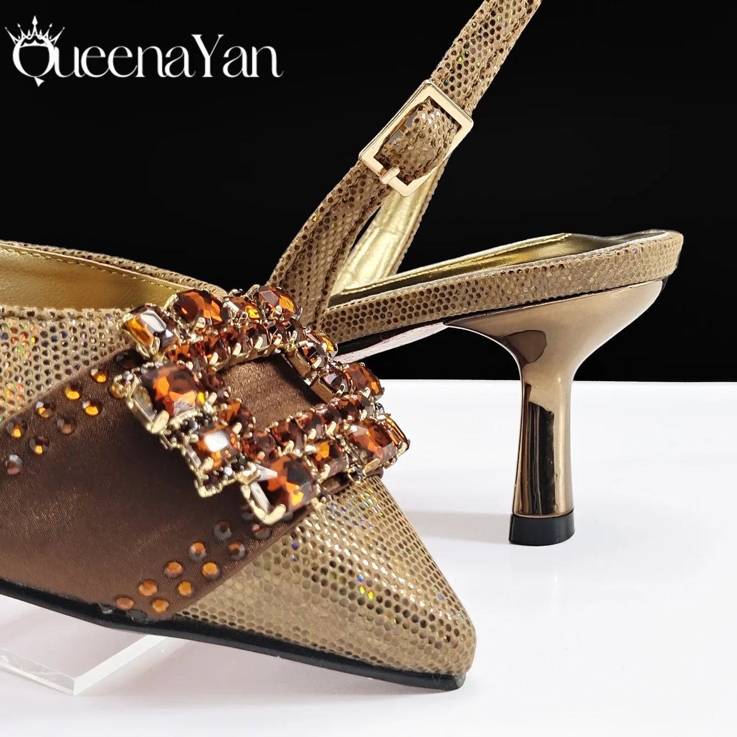 Nigeria Elegant Noble Party Wedding Shoes And Bag Pointed Toe Decorated With Rhinestone Women's Heel Shoes