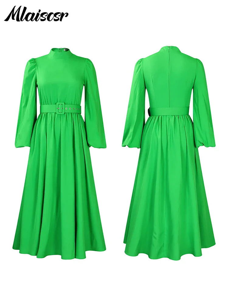 Mlaiscsr Elegant Evening Wedding Guest Party Yellow Pleated Dress Woman O Neck Long Sleeve Belt Waisted Birthday Dinner Vestidos