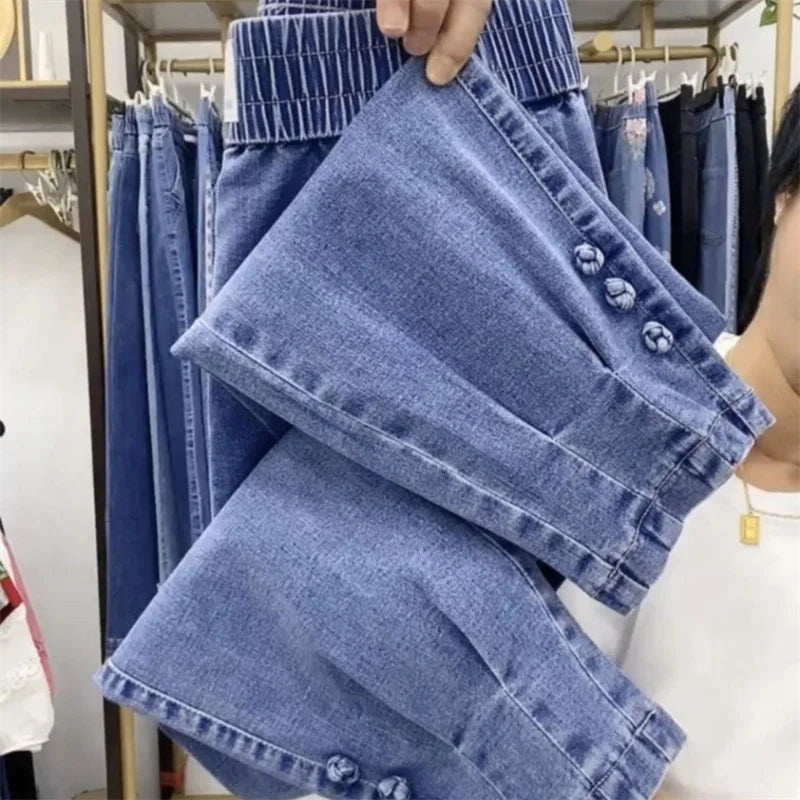 2024New Spring Autumn High Elasticity Women Jean Korean Loose Straight Ankle-Length Cowboy Pants Female Extends Denim Pants Lady