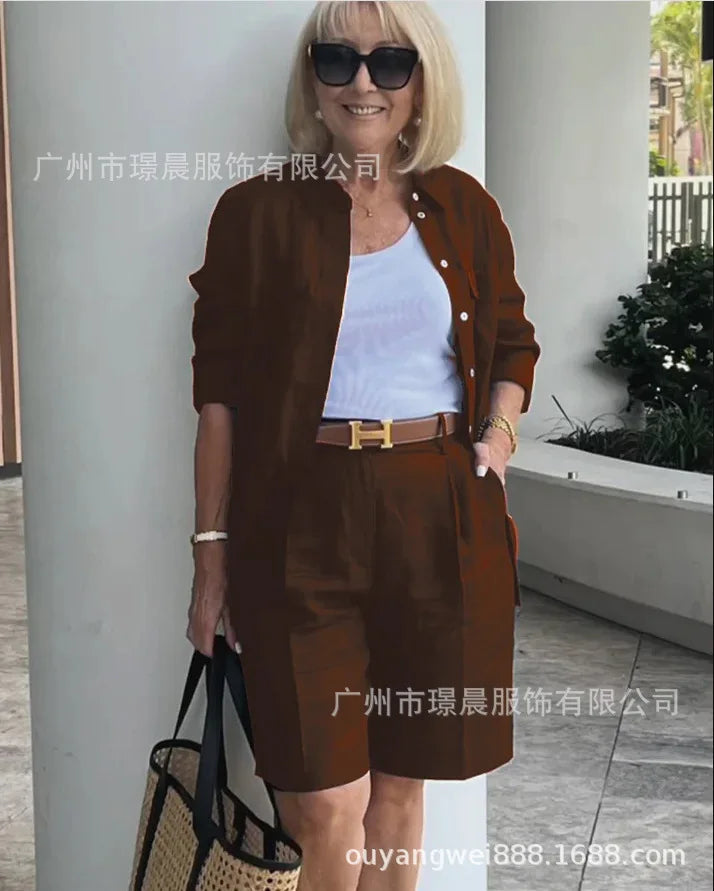 2025 Elegant 2-Piece Sets For Women Womens Cardigan Shirt Top Summer Solid Color Casual Shorts Two Piece New In Matching Sets