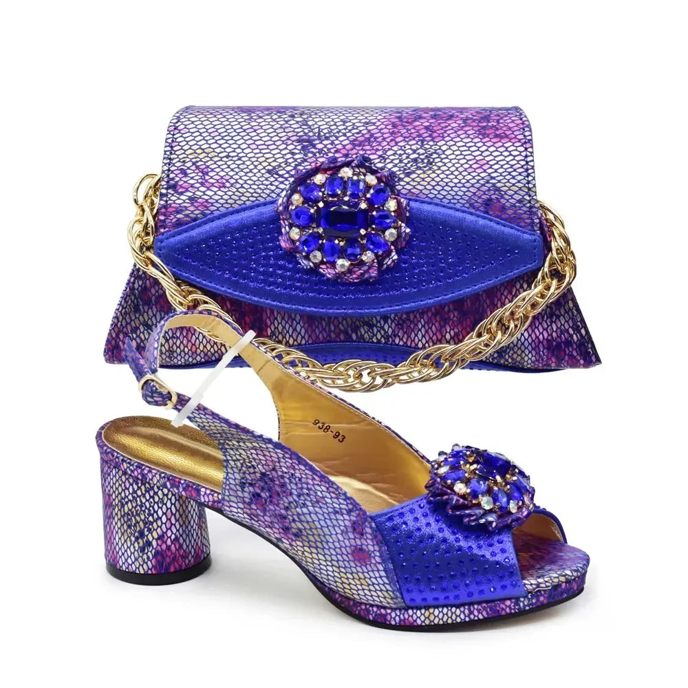 Italian Shoes and Bags Matching Set Decorated with Rhinestone