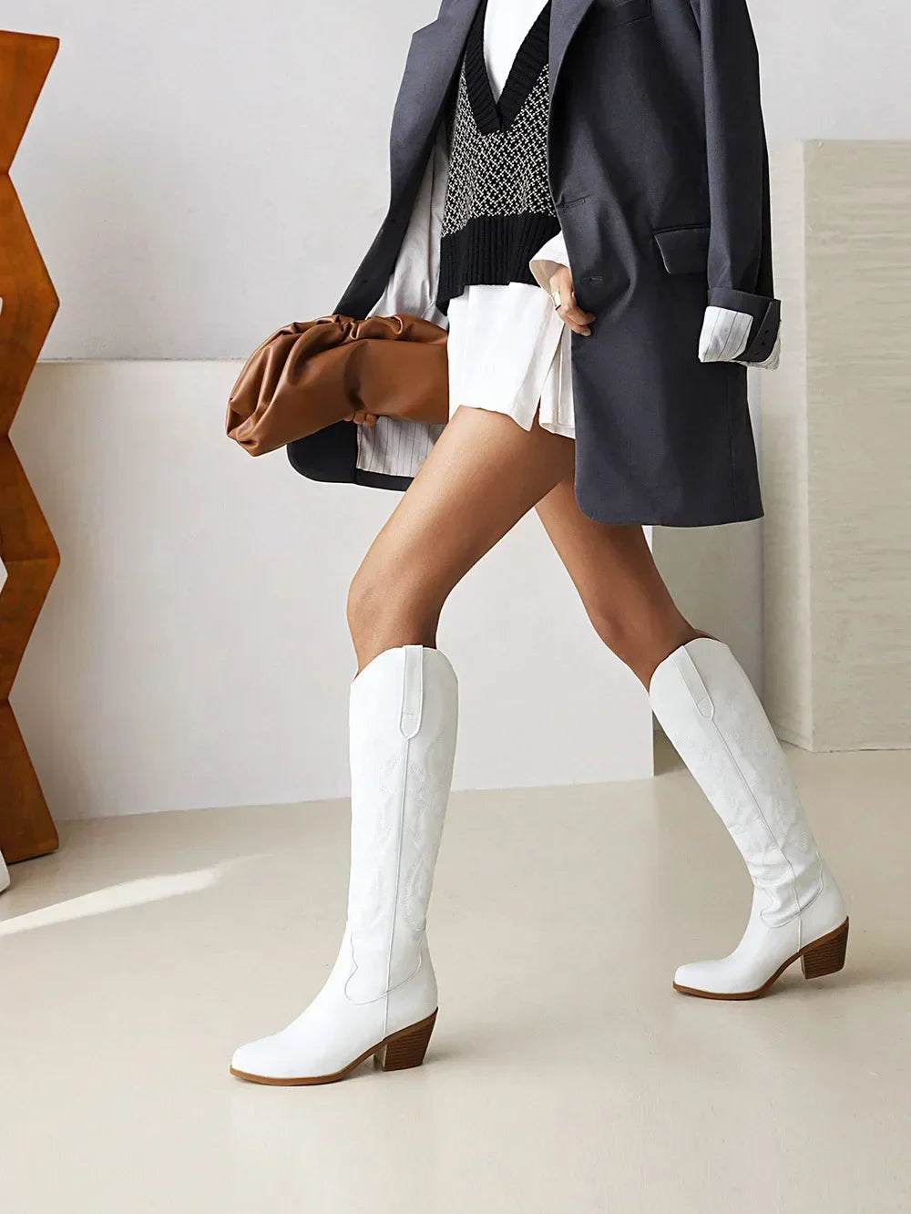 Pointed Toe Knight Boots for Women Brown PU Leather Knee High Boots Woman  Autumn Winter Western Cowboy Long Botas Mujer 2024