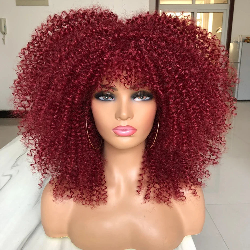 Curly Afro Wigs for Black Women Short Curly Wig with Bangs Kinky Curls Curly Hair Synthetic Wigs for African American Women