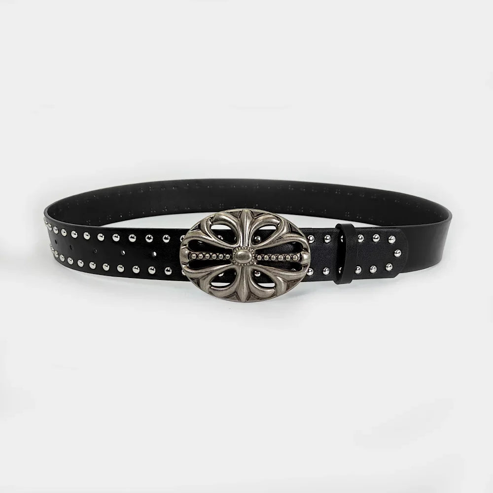 Black Punk Rock Studded Belt with Vintage Silver Cross Buckle – Gothic Fashion Waist Belt for Jeans & Dresses
