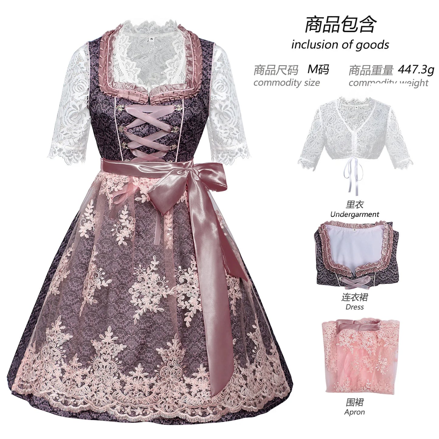 Women’s Purple & Pink Dirndl Dress Set – Bavarian Oktoberfest Costume with Lace Blouse & Embroidered Apron