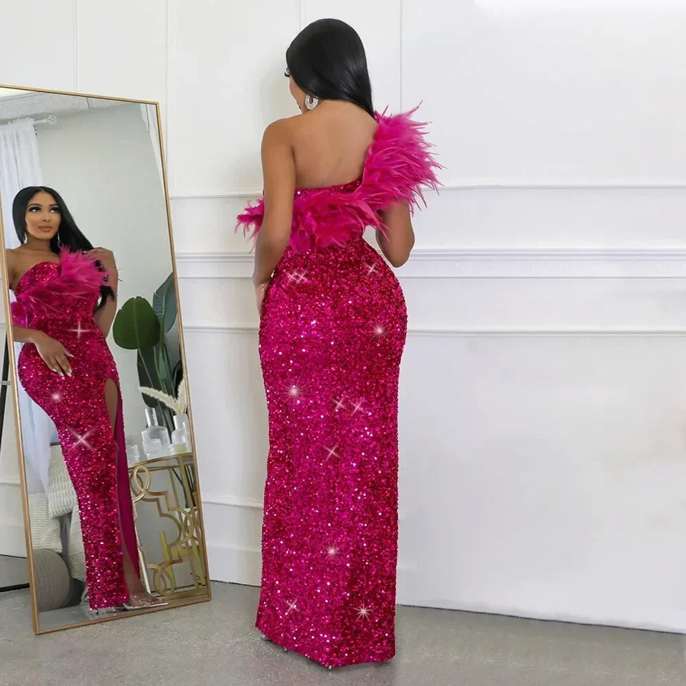 One Shoulder Feather Sequin Prom Long Slit Dress Party Evening Gowns Elegant Luxury Celebrity Night Club Sexy Bodycon Dresses