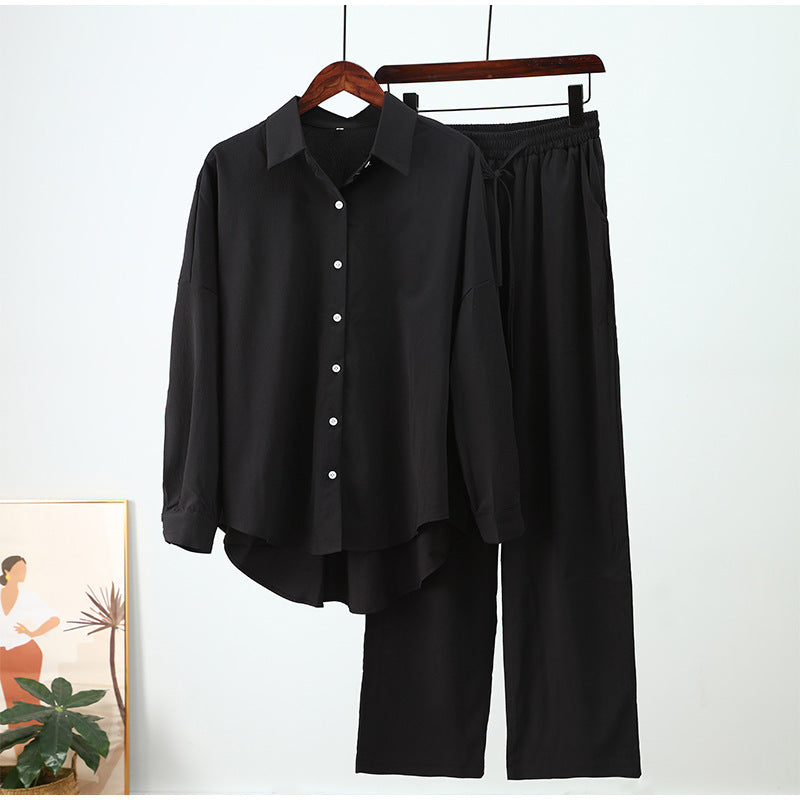 Summer Outfits for Women 2023 Fashion Loose Elastic Wrinkle Long Sleeve Shirt Wide Leg Pants Casual Set for Women 2 Piece Set