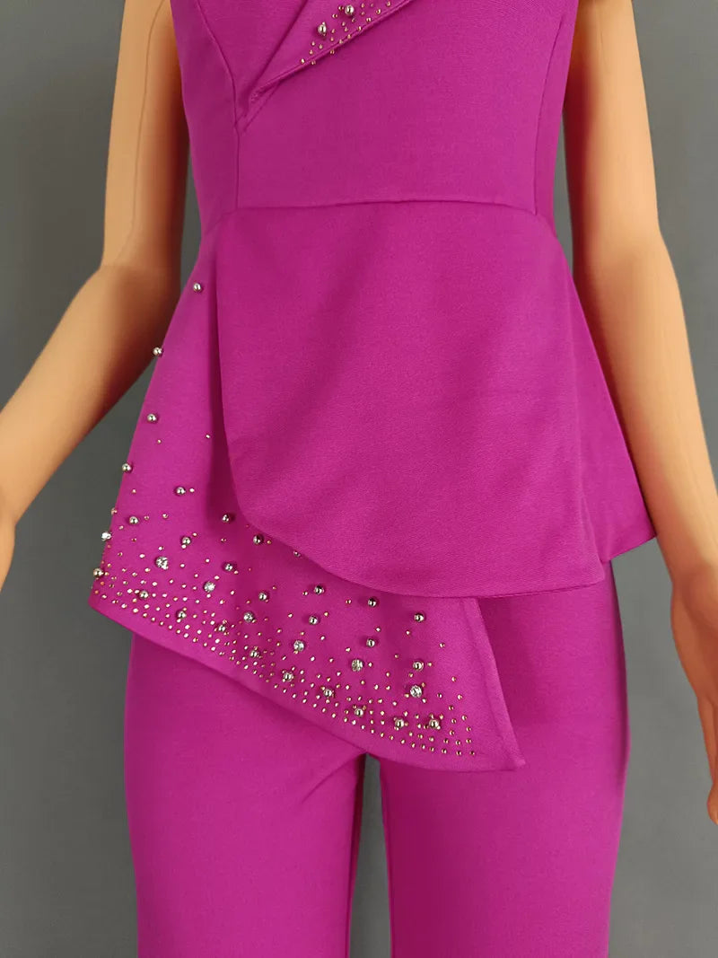 CM.YAYA Vintage Pearl Feather Sleeveless Patchwork Women Party Evening Prom Straight Jumpsuits 2024 Summer Sexy Playsuit Outfit