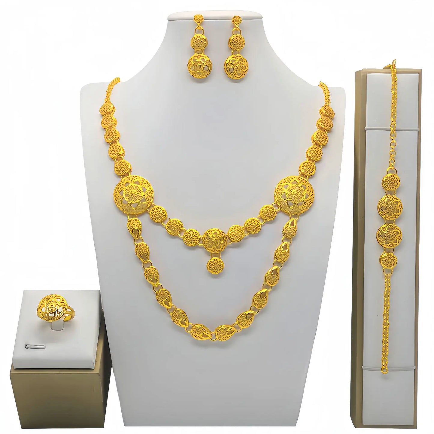 Fashion Dubai Flower Design Luxury 24k Gold Color Women's Jewelry Set African Fashion Bracelet Earrings Necklace Ring Four Piece