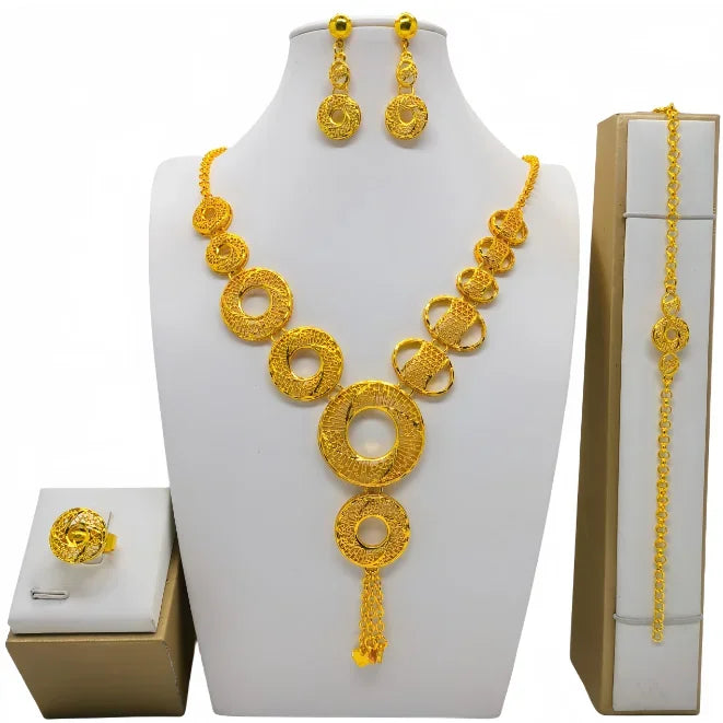 Fashion Dubai Flower Design Luxury 24k Gold Color Women's Jewelry Set African Fashion Bracelet Earrings Necklace Ring Four Piece