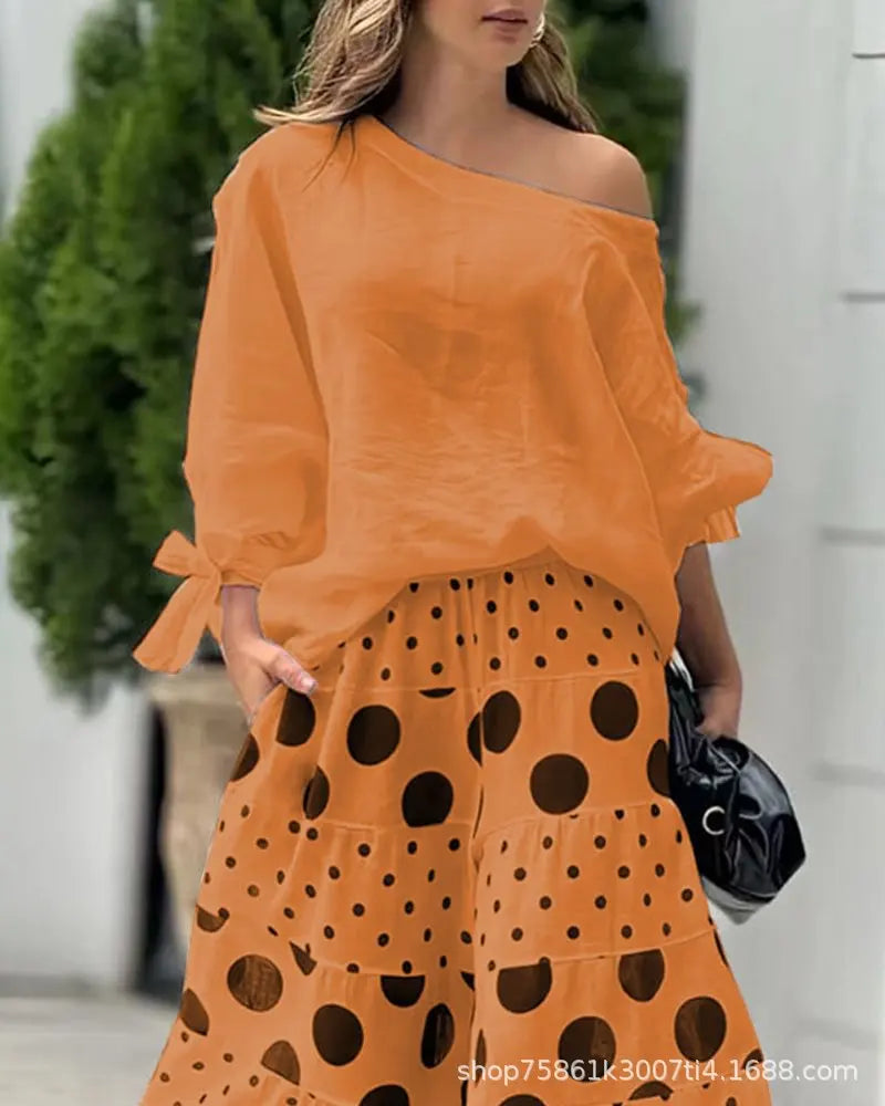 New Casual Set Fashion High Street Outfits Casual Diagonal Neck Hollow Nine-quarter Top Loose Polka Dot Printed Leg Pants Suit