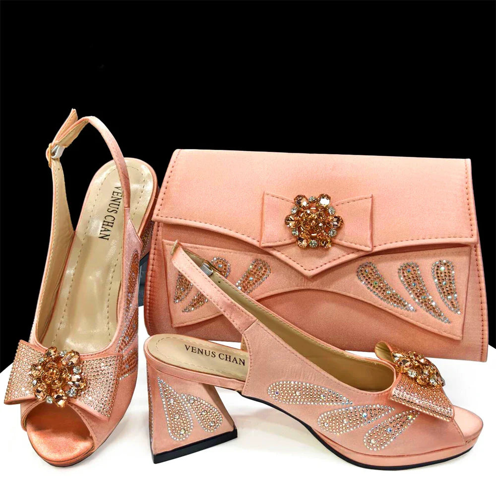 Venus Chan-Italian Shoes and Bags Matching Set for Women Bow Rhinestones Peep Toe High Heels Purple Color Nigerian Party 2024