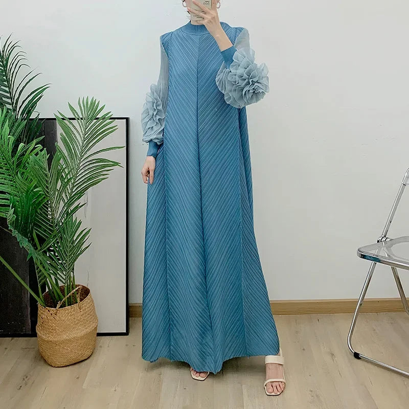 Pleated Maxi Long Dress Mesh Petal Sleeve Half Turtleneck Formal Dresses for Women 2024 New Hot Sales