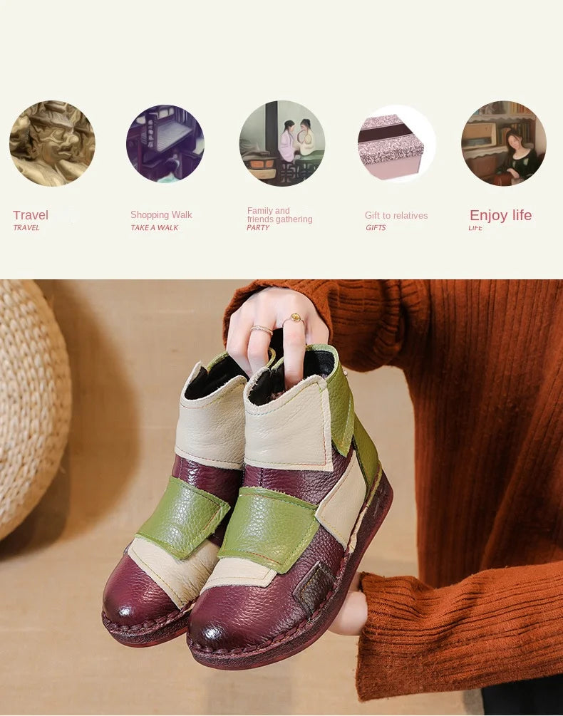 Winter Genuine Leather Flat-soled women shoes Casual shoes women Boots Color Matching Short Boots Warm Comfortable Cotton Shoes