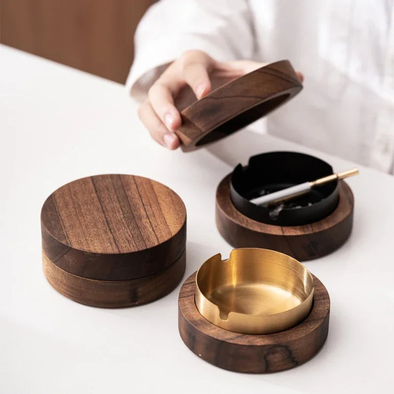 New Creative Ashtrays With Lid Walnut Wood
