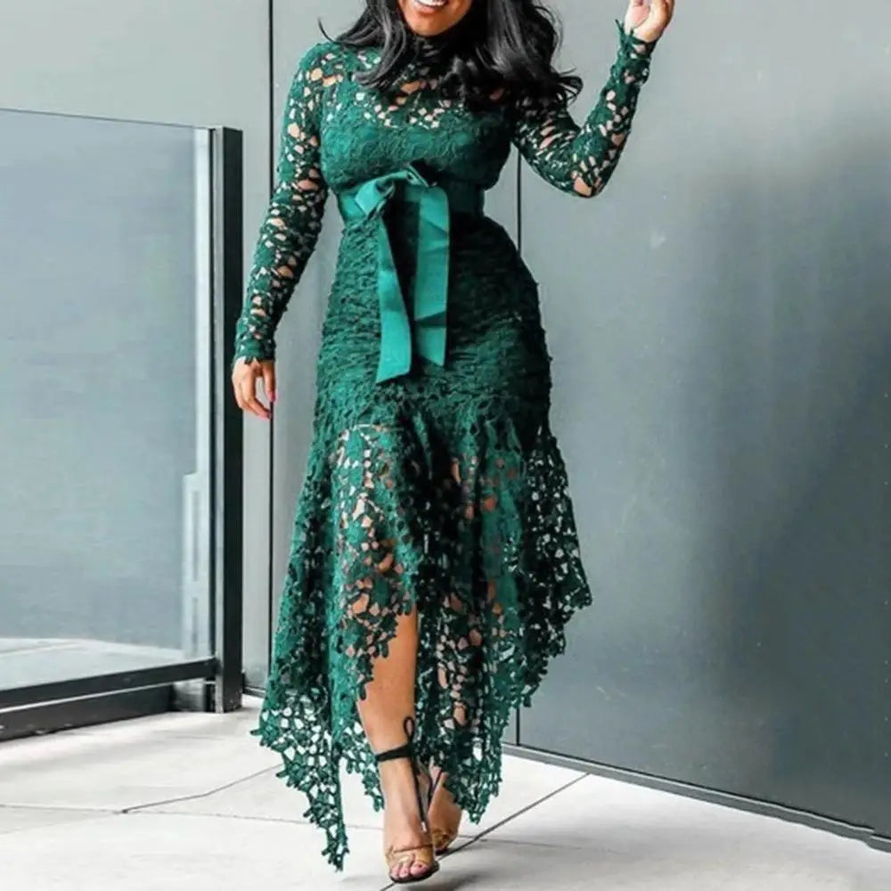 Lace Bow Belted Women Dress Elegant Long Sleeve Irregular Hem Women Bodycon Party Long Dress Vintage Wedding Evening Party Dress