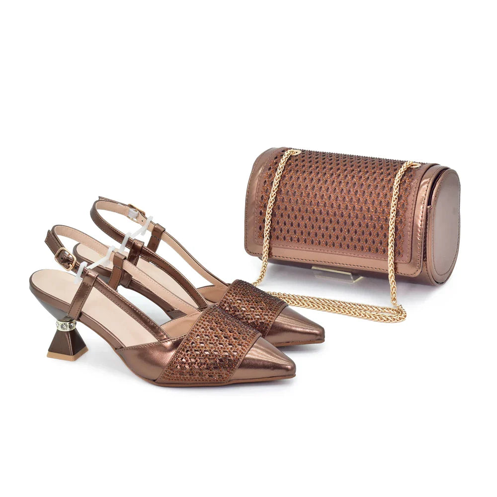 Matching Italian Shoe and Bag Decorated with Rhinestone for Women