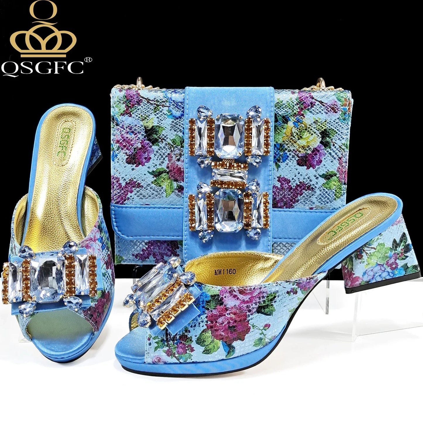 QSGFC Elegant Women Heels for Peep Toe Good Material Design Rhinestone Purple Sandals Italian Shoes and Bags Matching Set 2024
