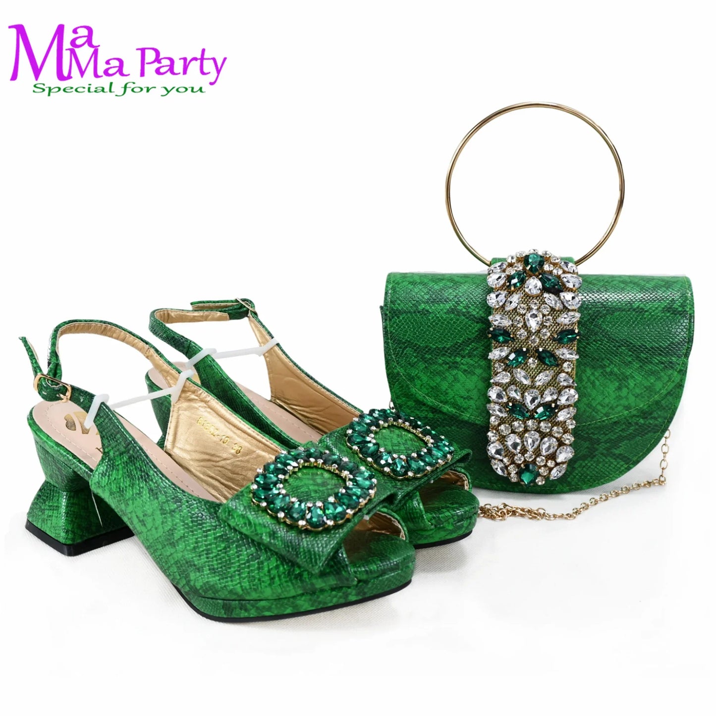 2025 Autumn New Design Specials Italian Women Shoes and Bag Set Comfortable Mid Heels With Rhinestone in Yellow Color