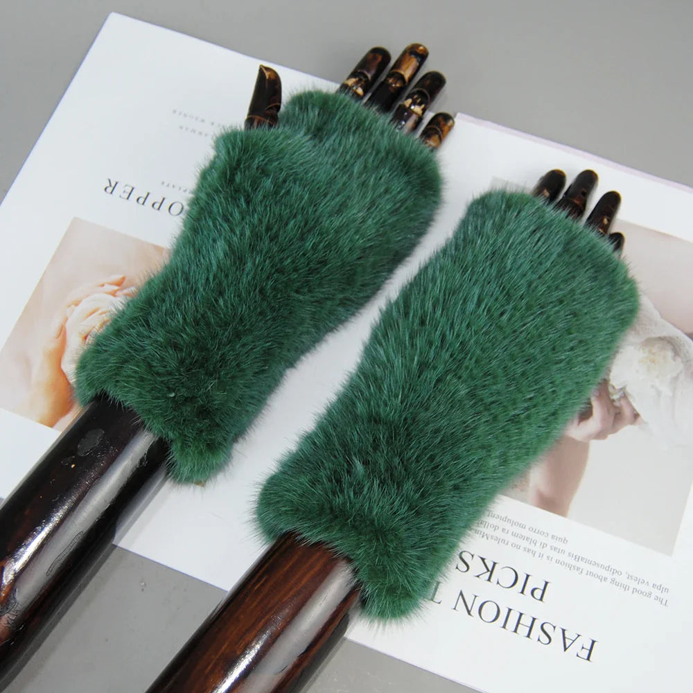 2025 New Brand Style Top Quality Women's 100% Winter Warm Real Mink Fur Knitted Half Finger Gloves Girls Typing Mittens